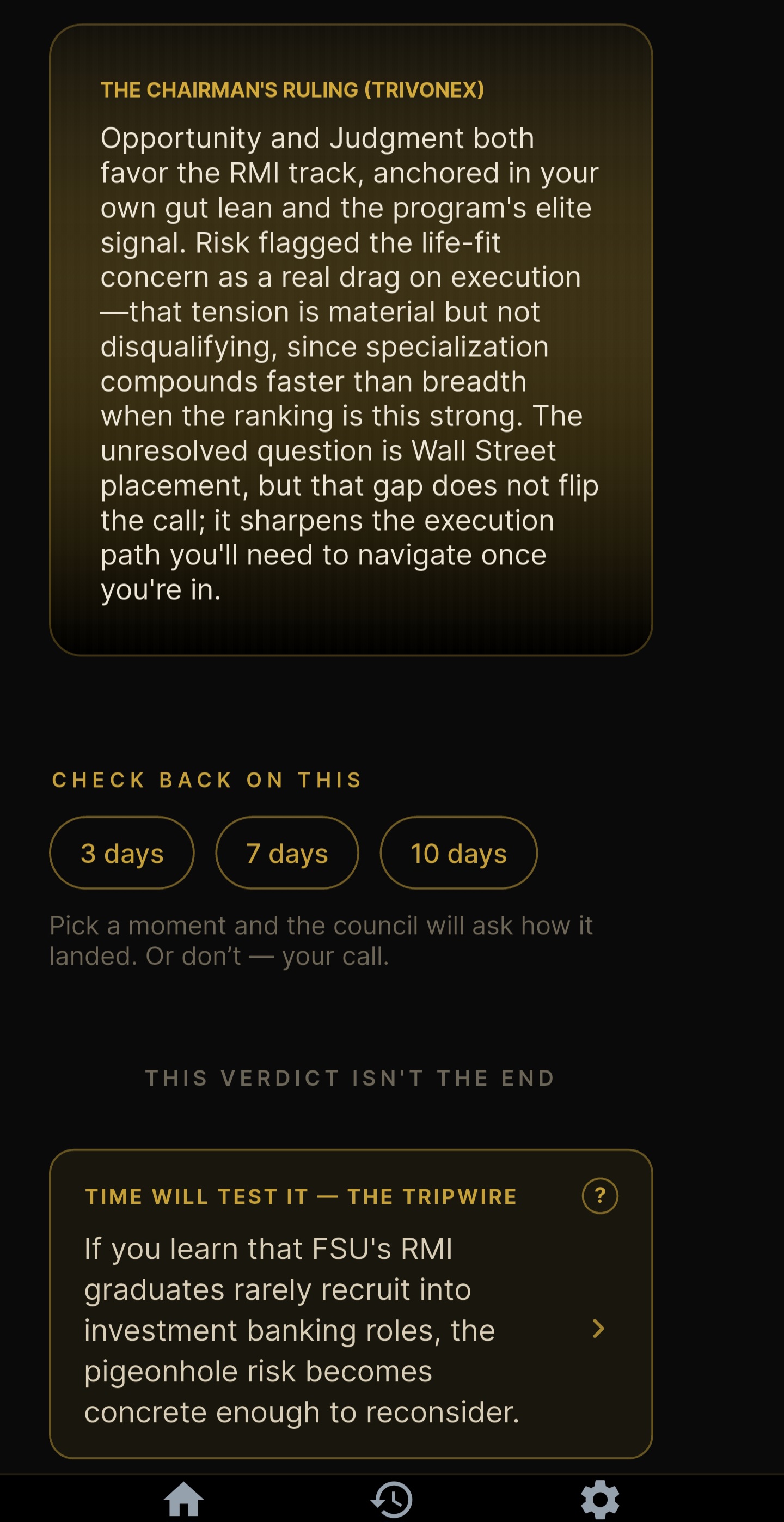 The Chairman's ruling with a check-back reminder and a tripwire, in the Trivonex app