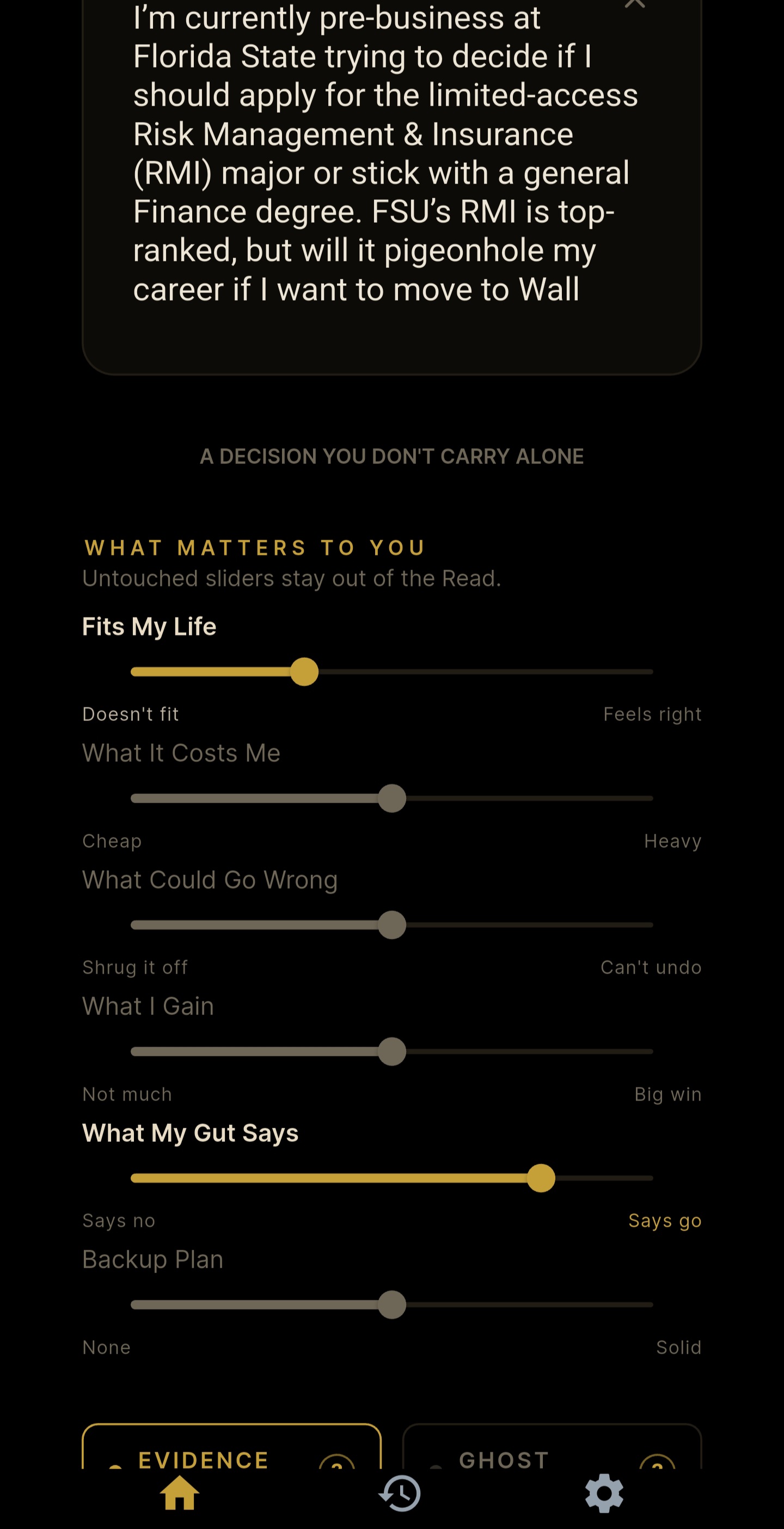 The six decision sliders in the Trivonex app